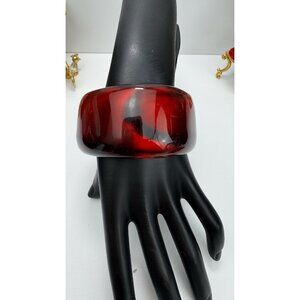 Vintage Red And Black Lucite Wide Bangle Bracelet 8.5” Retro Chunky Transparent